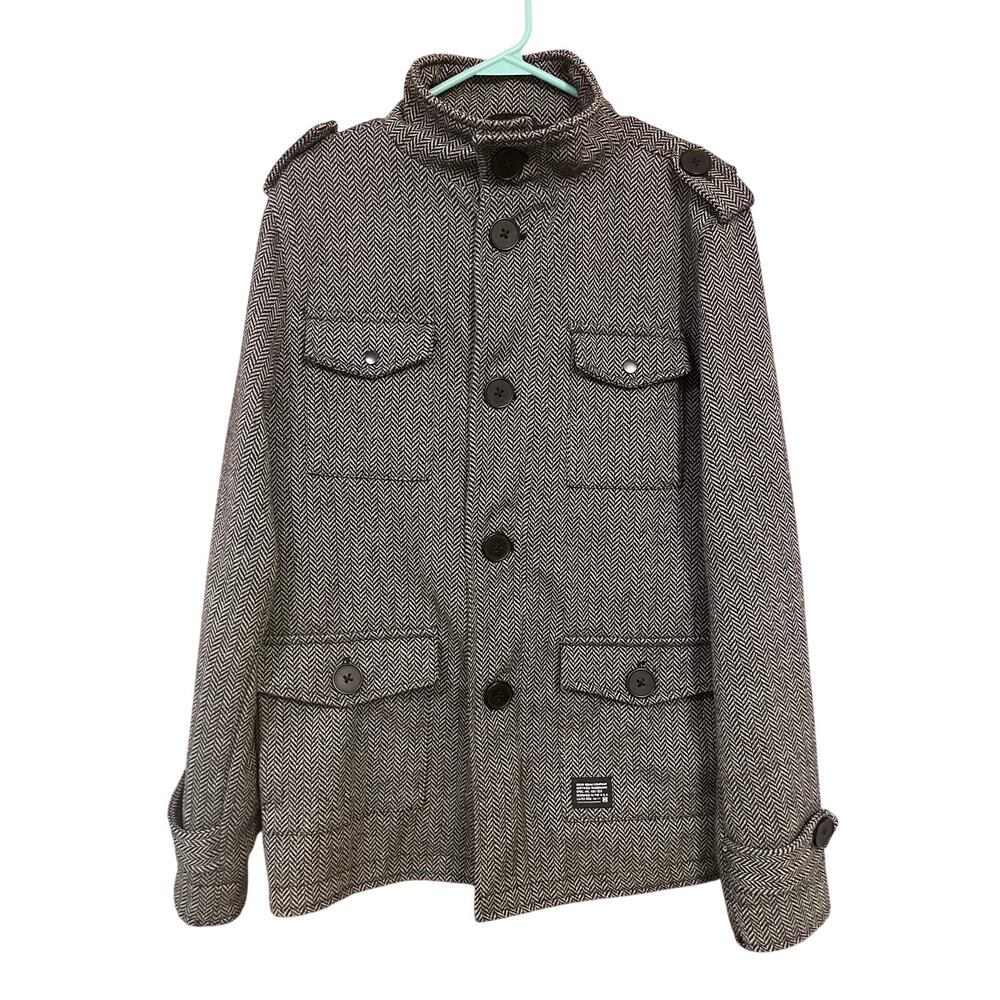 KR3W Manchester Jacket Gray Herringbone Military Field Coat Size Medium